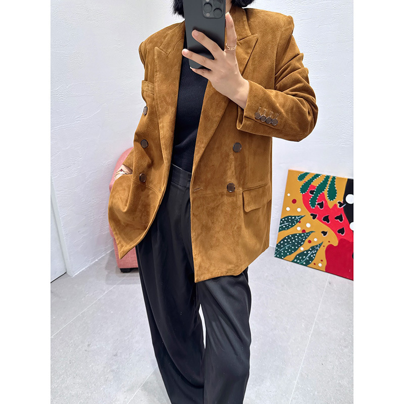 25 Genuine Leather Women's Autumn New Double-Breasted Blazer Solid Color Minimalist Simple Versatile Fashion Slim Fit 25 Genuine Leather Women's Autumn New Double-Breasted Blazer Solid Color Minimalist Simple Versatile Fashion Slim Fit