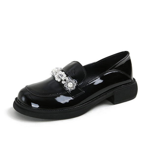 Giày Mary Jane nữ mũi tròn gót vuông gót 3–6 cm, giày lười da bóng cỡ lớn — Màu đen