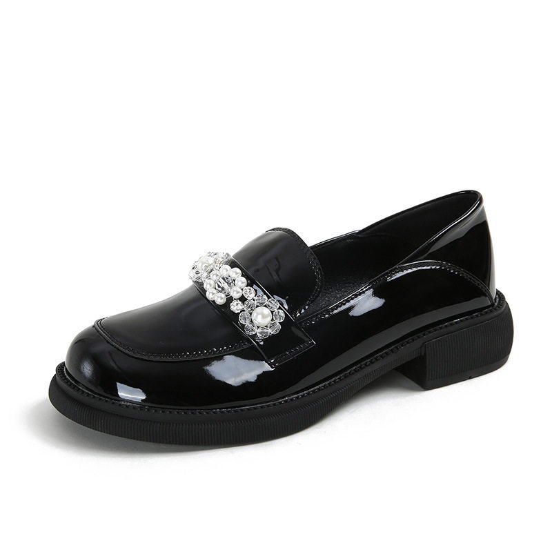 Giày Mary Jane nữ mũi tròn gót vuông gót 3–6 cm, giày lười da bóng cỡ lớn — Màu đen