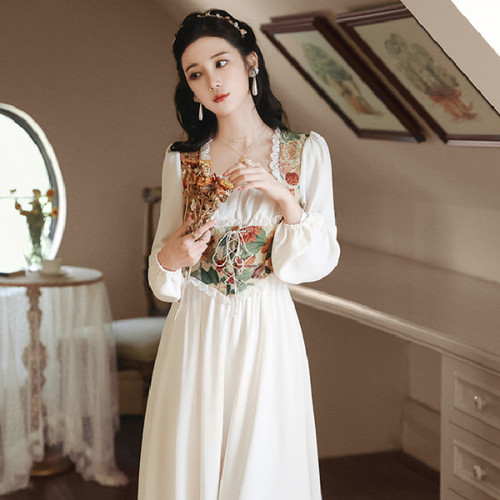 French-style court dress with vintage floral patterns, slimming, sweet and sophisticated, milky tea break escape princess dress