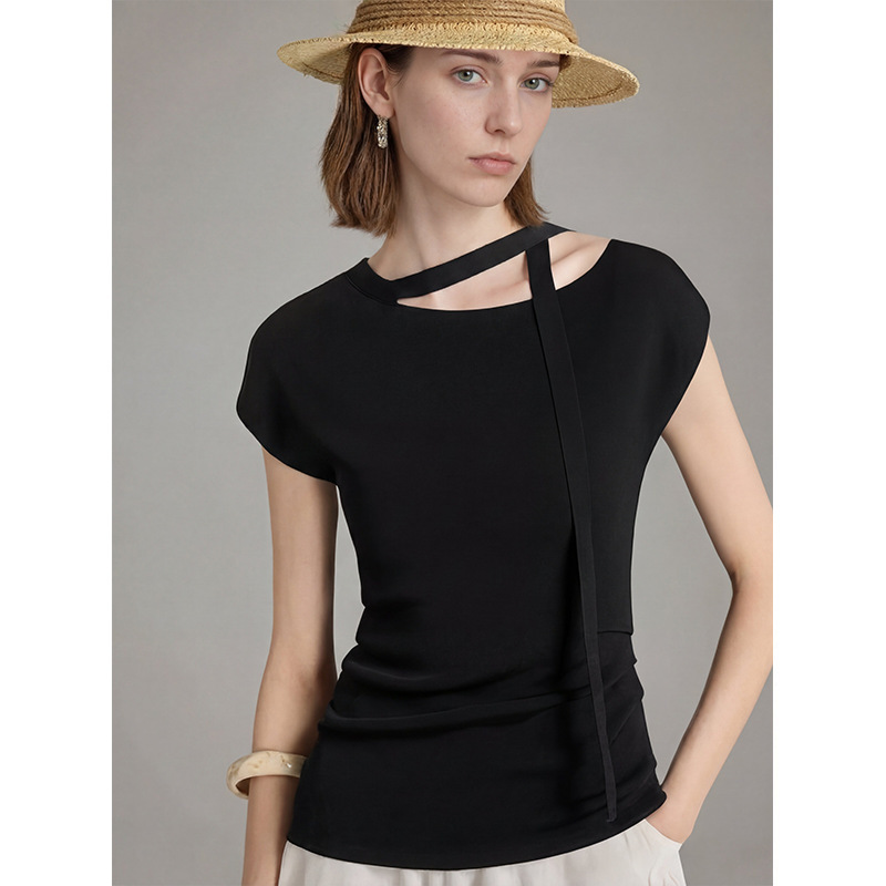 Luo Ke ▪ Trendy Tie-Neck Short-Sleeve Top with Elegant Straps, Slim-Fit Short-Sleeve T-Shirt, Hollow-Out Pleated Sleeveless Knit Top.