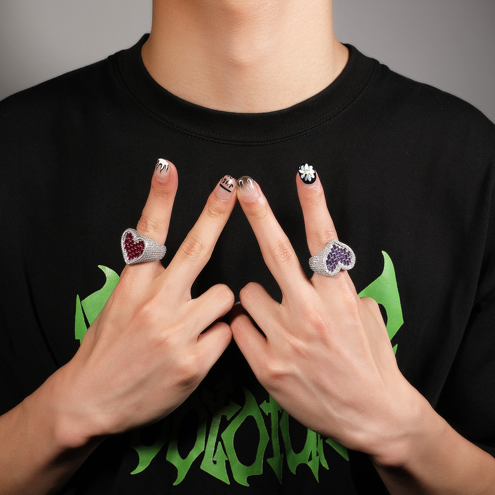 24g Weight Rhinestones Inlay Material Rings Classification 6, 9 Ring Size 1 Piece Quantity Party, Street Occasion Copper Material Heart Shape Pattern Unisex Gender Inlay Design Hip-Hop Style Hip-hop Heart Shape Copper Inlay Rhinestones Rings 17
