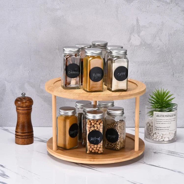 Estante de condimento giratorio de 360 grados para el hogar Estante de condimento multifuncional de doble capa de bambú y madera Estante de almacenamiento de suministros de escritorio de oficina
