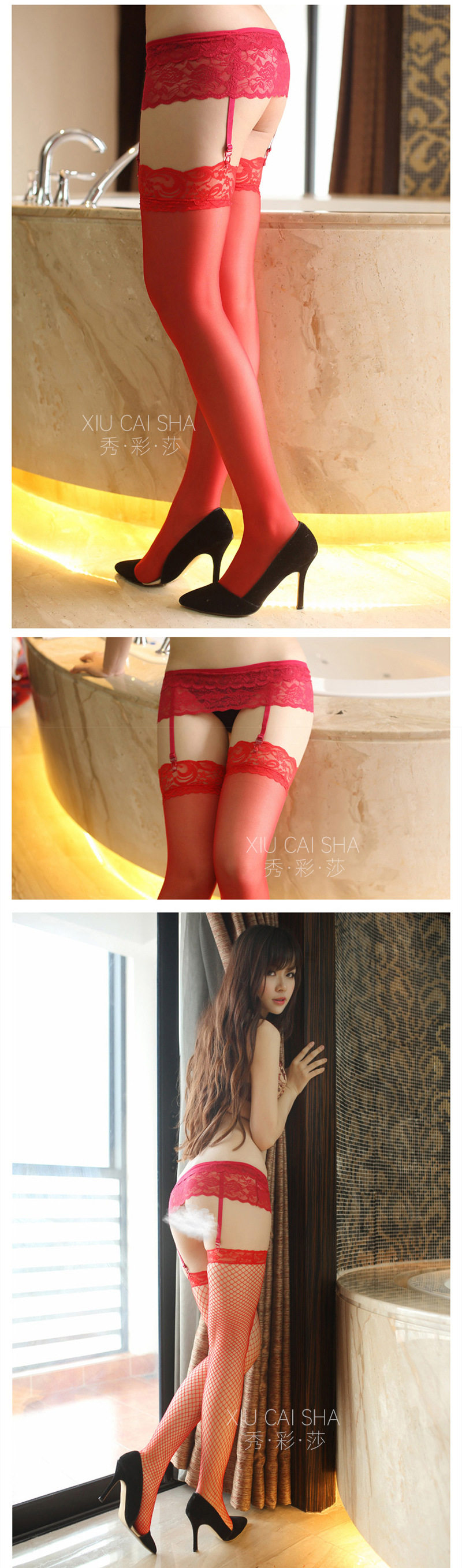 Pink Lace Garter Belt with Stockings Set, Three-Point Lingerie, One Size — detail image 15