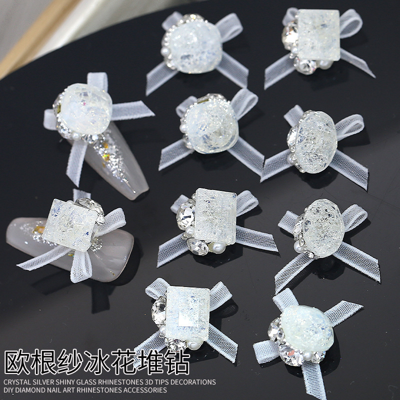 X82 new organza bow pile drill nail decoration flash broken ice flower fat square finished nail drill jewelry