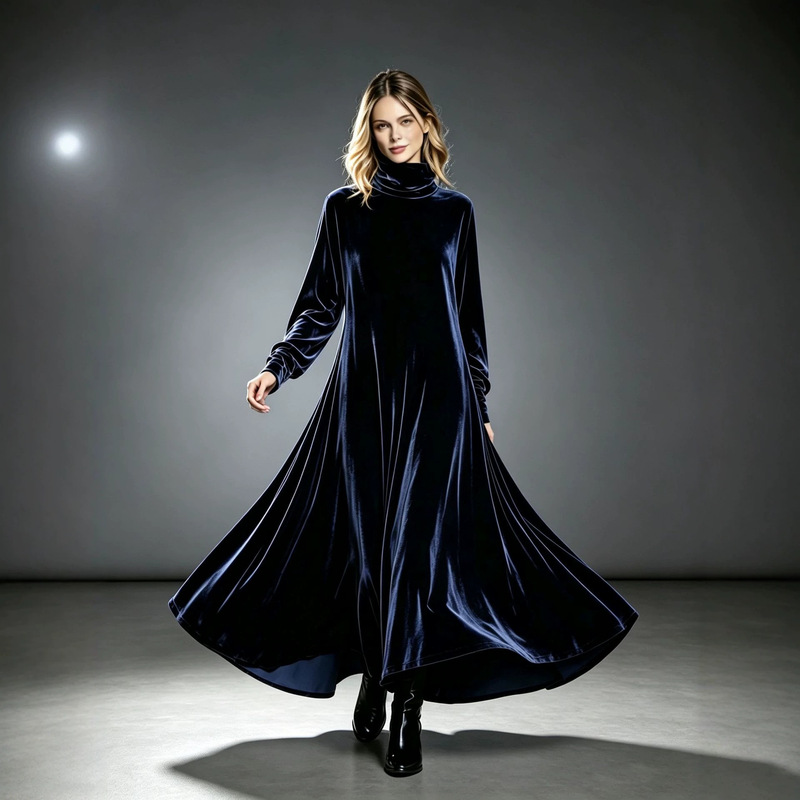 Small size gold velvet dress, fashionable and stylish, long-sleeved, high-necked, slimming, elegant, cross-border European and American style women's long dress