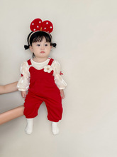 婴儿春秋连体衣新生儿女宝宝红色假两件长袖爬服满月百日周岁礼服