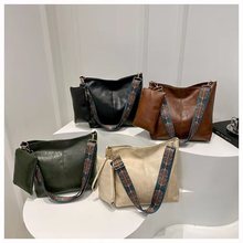 便宜跨境欧美新款时尚手提单肩女包大容量水桶包纯色百搭子母包皮