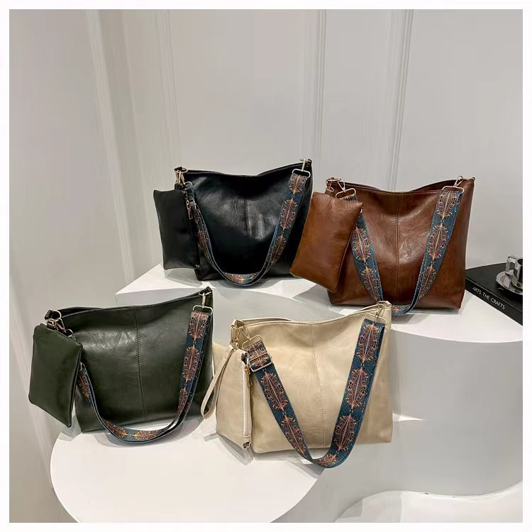 Cheap Cross-Border European and American New Fashion Portable Shoulder Bag for Women Large Capacity Bucket Bag Solid Color Versatile Mother-In-Law Bag Leather