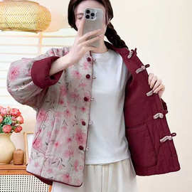 新中式印花夹棉上衣外套女复古国风盘扣立领长袖两面穿开衫棉衣