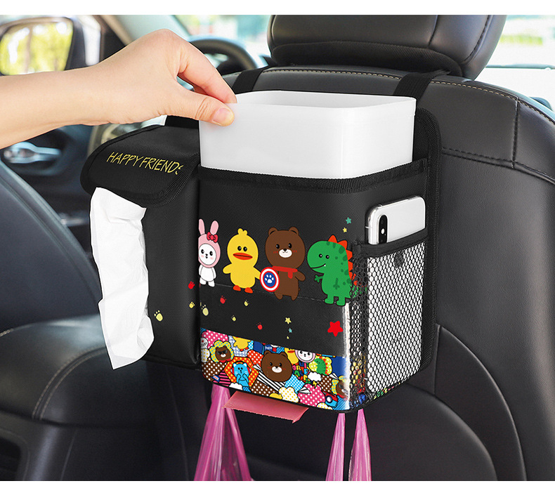 Car Trash Can and Tissue Box Two-In-One Cartoon Cute Car Seat Hanging Storage Box Multi-Functional Storage Bag