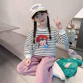 女童条纹卫衣秋装2026韩版儿童中大童打底衫宽松t恤上衣秋衣春秋