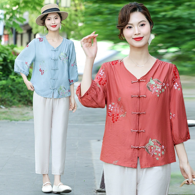 Одежда ко Дню матери, летние льняные рубашки из тенселя, женские рубашки с короткими рукавами с вышивкой, весенне-осенняя одежда для мам среднего возраста, топы, закрывающие тело.
