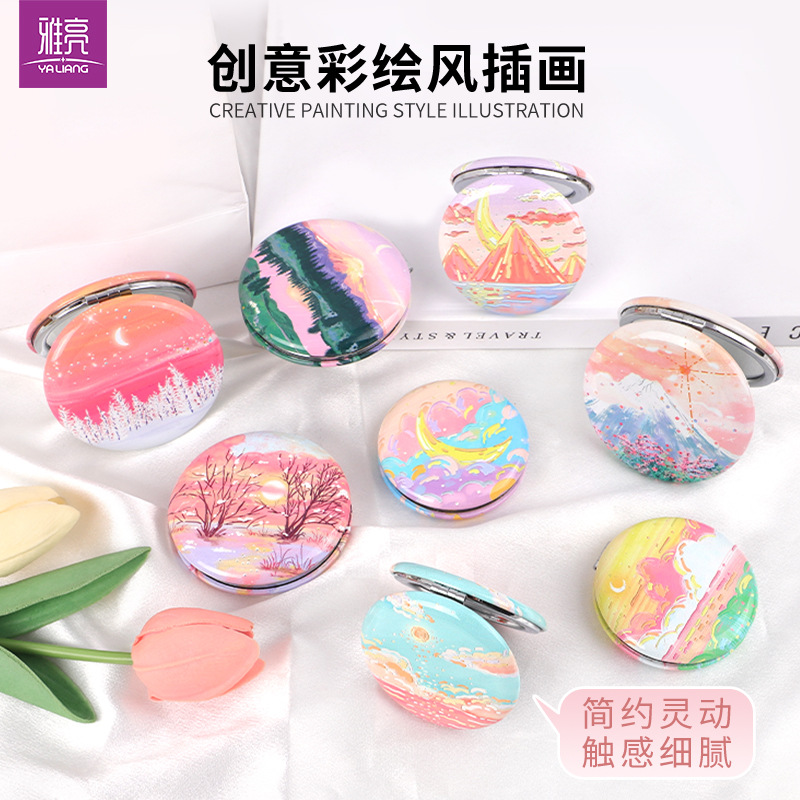 Espejo de doble cara de estilo pintado colorido creativo Espejo portátil Espejo plegable de plástico Espejo de pan Color rico y brillante Imagen personalizada