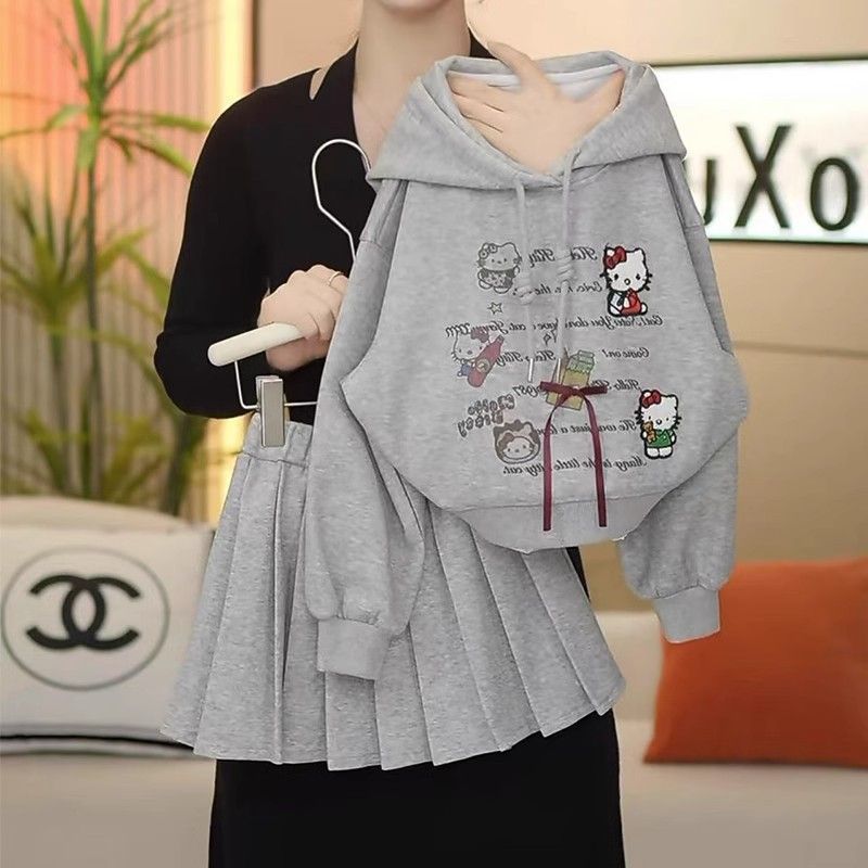 女童春季卫衣百褶短裙两件套中大童纯色卡通春秋新款连帽短裙秋装|undefined
