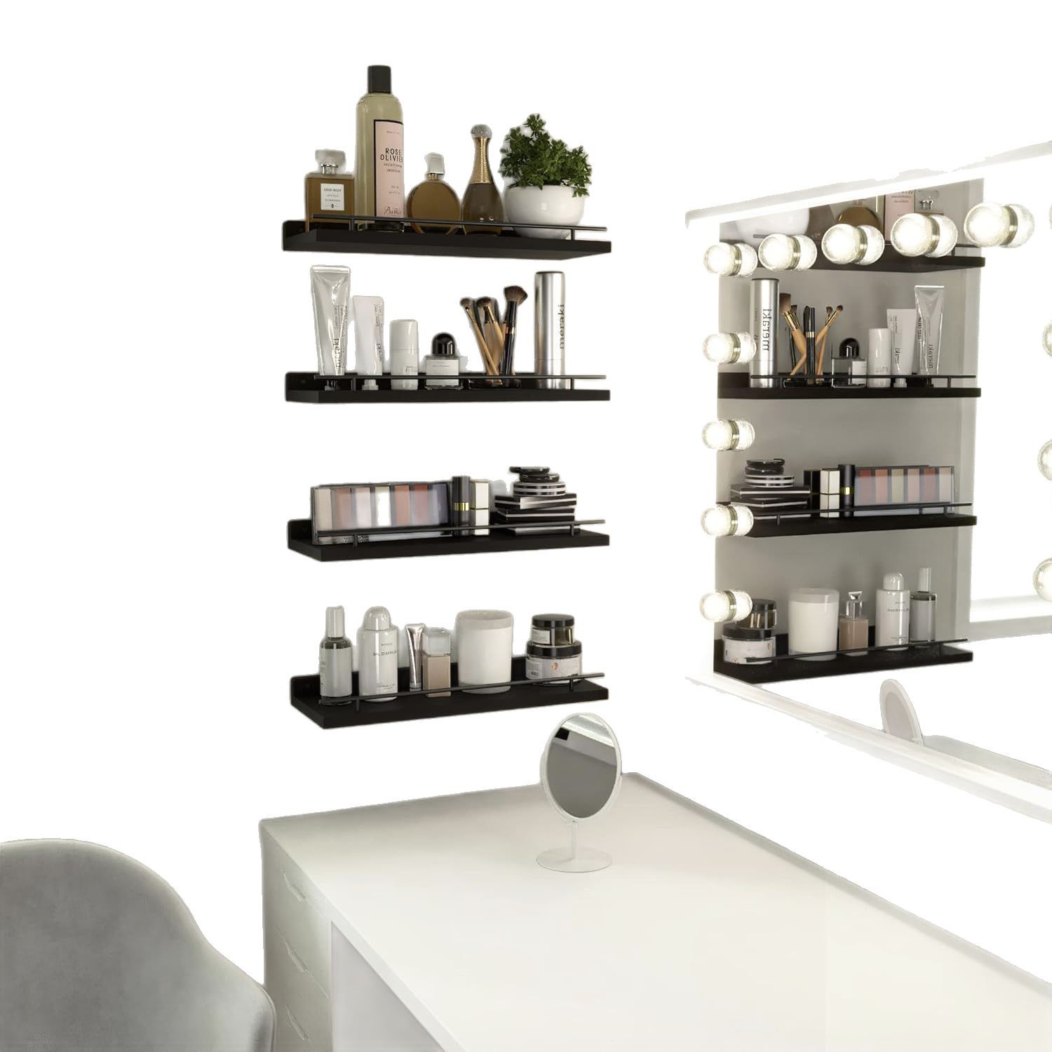 Estante de partición flotante de madera con metal negro barandilla pared estante decorativo baño artículos de tocador rollo de papel rack de almacenamiento