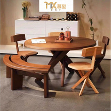 法式复古实木餐桌设计师创意中古风家庭桌简约家用小户型餐桌圆形