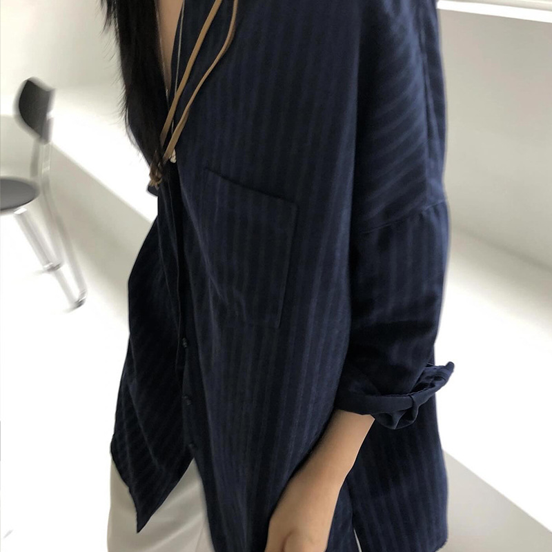 韩国东大门2025秋新款复古休闲小众竖条纹V领显瘦长袖衬衫女上衣|undefined