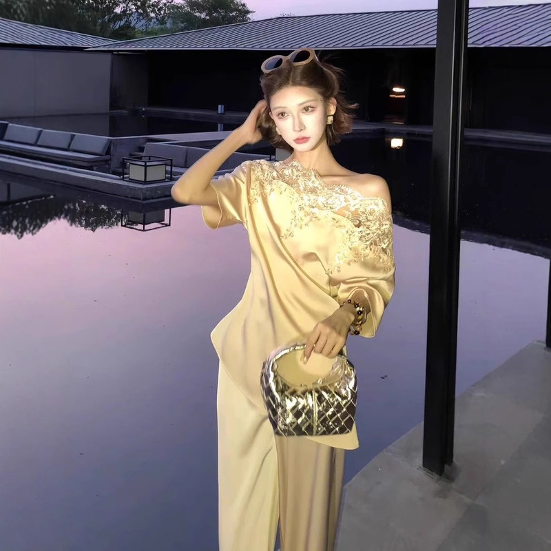 新中式时尚套装女夏设计感小众蕾丝千金名媛斜肩上衣阔腿裤两件套|undefined