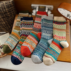 雙針雙路女襪民族風復古休閒棉襪秋冬時尚穿搭英倫風中筒襪長襪