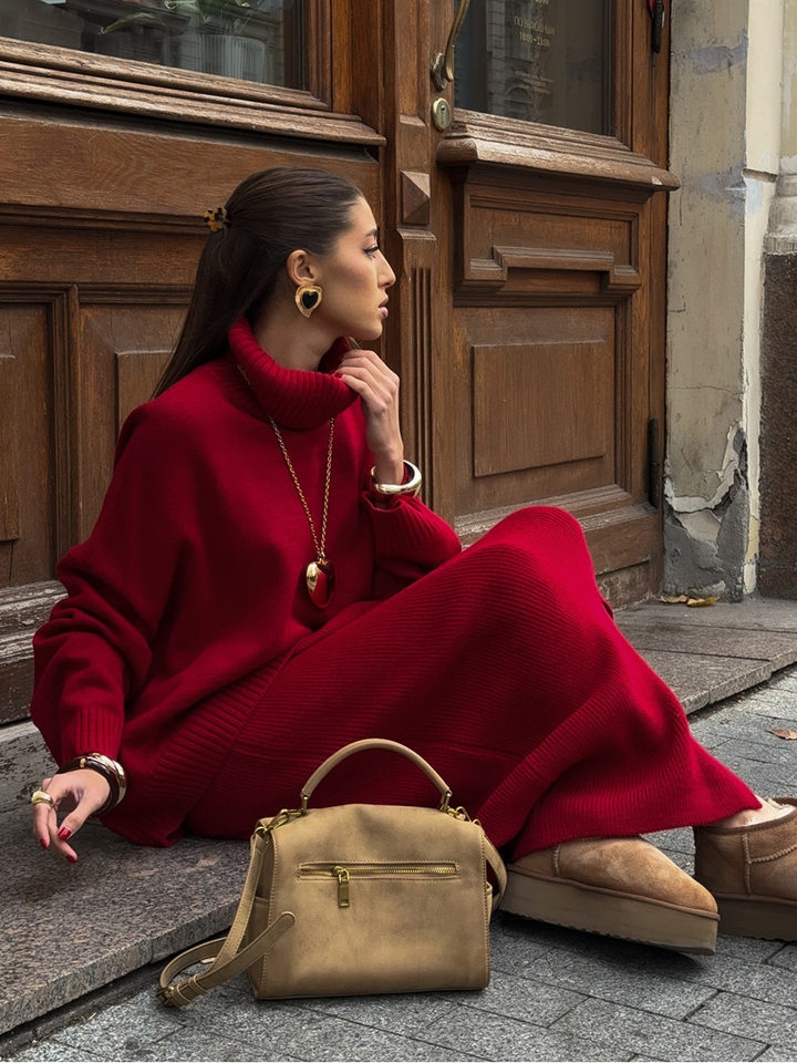Bộ đầm áo len cổ cao dài tay phối chân váy dài dệt kim form rộng nữ — 50% Visco, 30% Polyester, 20% Nylon, Màu trắng be, Màu xanh lam, Màu xám chi tiết 15
