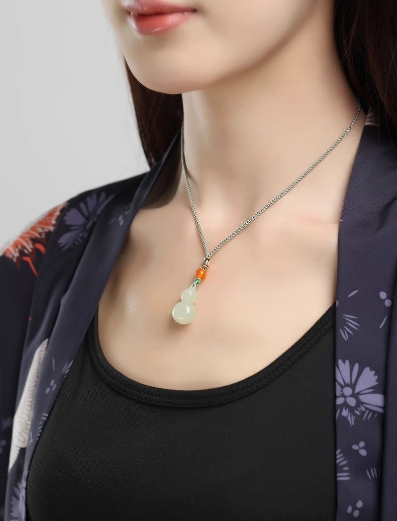 Mặt dây chuyền ngọc bích Hetian tự nhiên hình quả hồ lô, ngọc trắng, dây chuyền nữ chi tiết 13