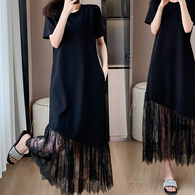 Extra-Long Lace Patchwork Dress for Women, New Summer Style, Super Fairy-Like, Age-Reducing, Slimming, Over-The-Knee Long Dress