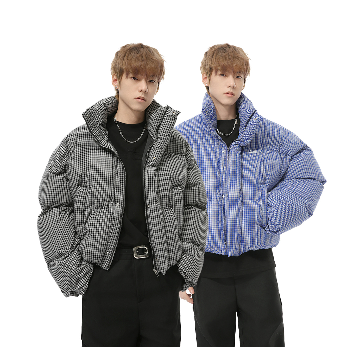 MTLCLOTHES男装|秋款新品 立领格子棉服外套宽松短款刺绣面包服潮