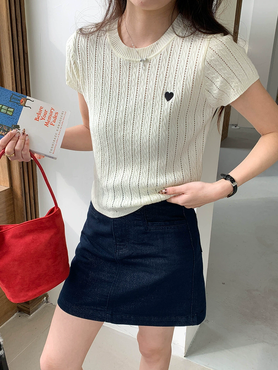 3-й утренний дизайн вышивки Sense Hollow Twist Round Neck Short Sleeve Knitted Sweater ZY2782