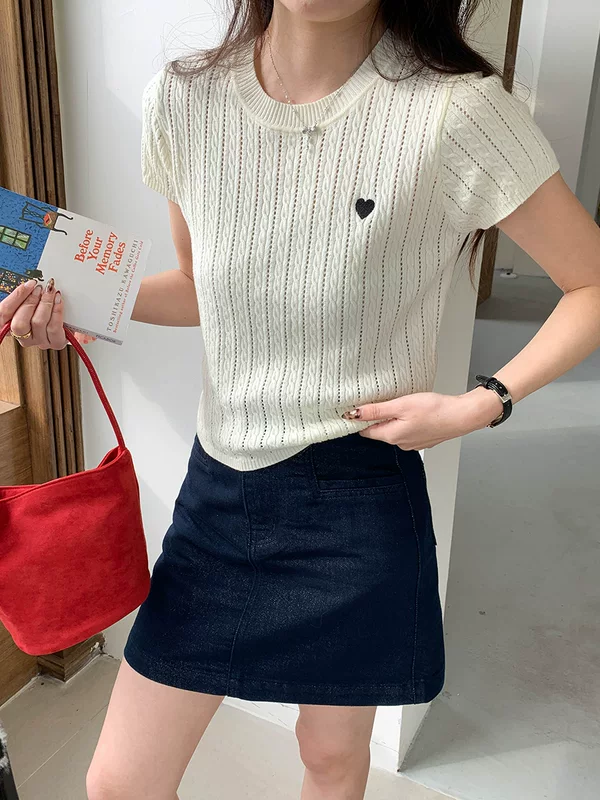 3-й утренний дизайн вышивки Sense Hollow Twist Round Neck Short Sleeve Knitted Sweater ZY2782