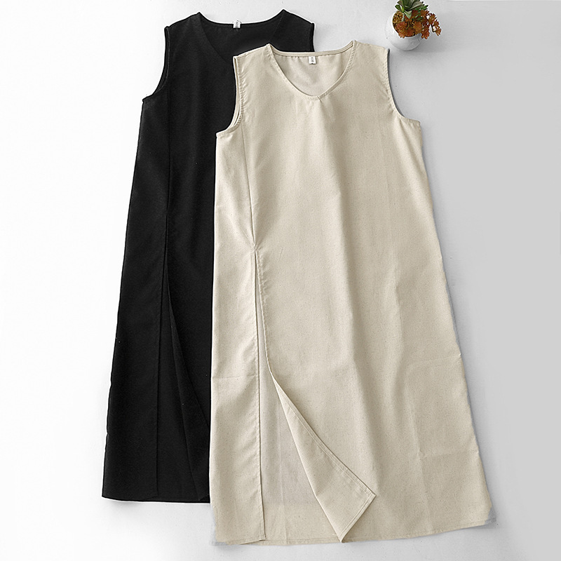 Real Shot Summer New Linen Split dress Sleeveless Simple V-neck Vest Skirt Knee Shirt for Women