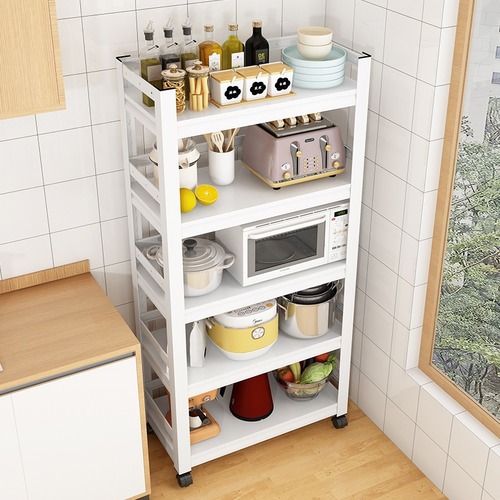 White movable fence style kitchen storage shelf multi-layer household microwave cooking pot rack cabinet storage cabinet