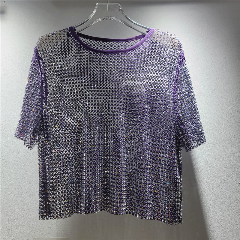 Diámetro de diamante hueco de diseño de perspectiva sensación de cuello redondo chaqueta corta delgada camiseta de mujer estilo extranjero blusa universal