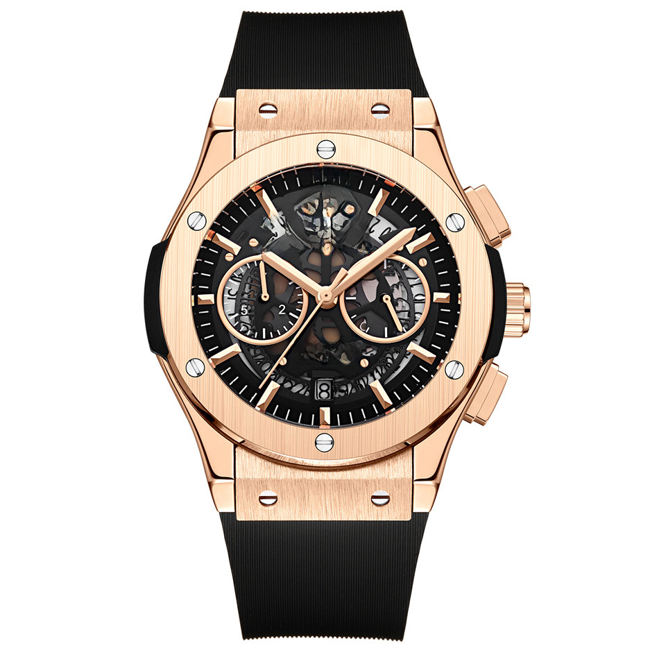  Automatic Mechanical Rubber Belt Multifunctional Running Seconds Chronograph Rose Gold Quartz Men's Watch_voghion.com