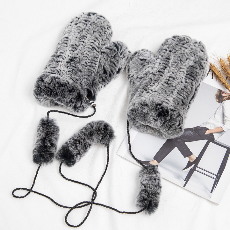 獭兔毛连指手套韩版冬季新款皮草手套女士弹力真毛保暖可脱卸挂绳