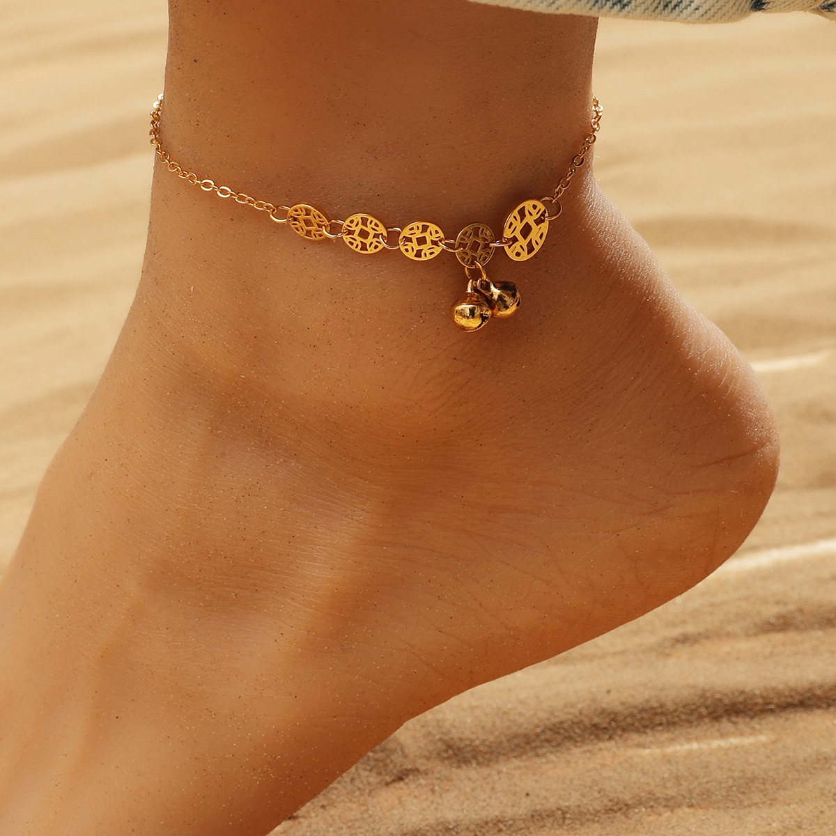 European And American New Popular Vintage Copper Coin Bell Imitation Gold Anklet Bracelet Female Geometric Hollow Circle Ancient Style Foot Ornaments display picture 1