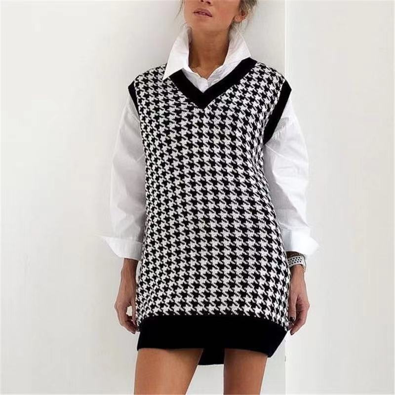 Cross-border European and American-style Long Pullover Sweater Women's Autumn and Winter New Loose Houndstooth V-neck Knitted Vest for Women Cross-border European and American-style Long Pullover Sweater Women's Autumn and Winter New Loose Houndstooth V-neck Knitted Vest for Women