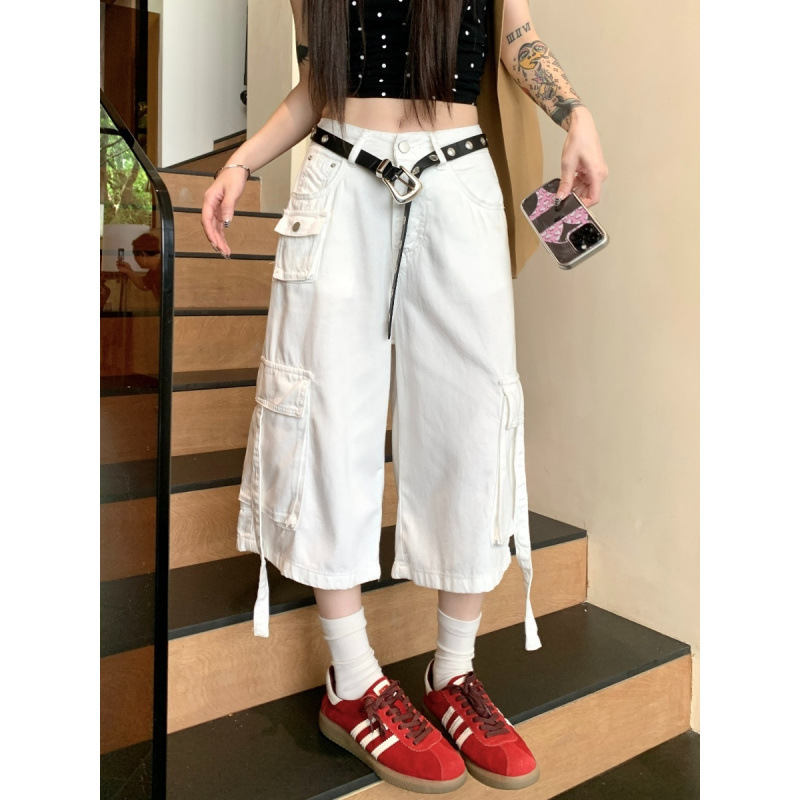 Plus Size American Pocket White High-Waisted Cargo Jeans for Women, Summer Design, Loose Wide-Leg Cropped Pants