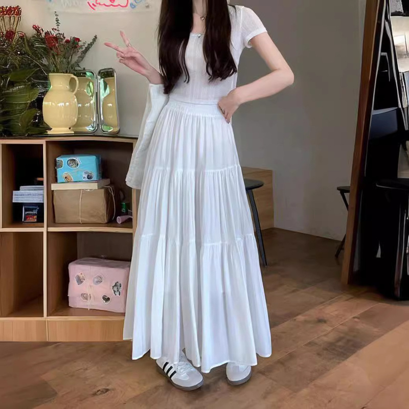 白いハーフスカート レディース 夏 ハイウエスト Aラインスカート ケーキスカート 優しい雰囲気 ロングスカート デザイン性のあるニッチスカート 卸売|undefined