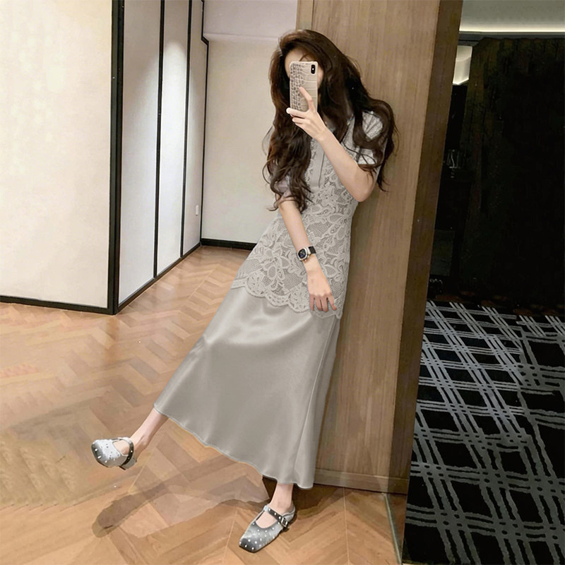 French-Style Elegant Gray Lace Shirt Dress for Women, 2026 Summer New Model, Very Beautiful, Waist-Cinching, Slimming Long Dress French-Style Elegant Gray Lace Shirt Dress for Women, 2026 Summer New Model, Very Beautiful, Waist-Cinching, Slimming Long Dress