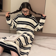 女童慵懒风条纹睡裙2025新款冬季女孩洋气外穿家居服儿童睡衣代发