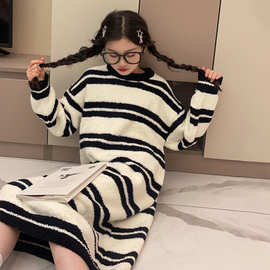 女童慵懒风条纹睡裙2025新款冬季女孩洋气外穿家居服儿童睡衣代发