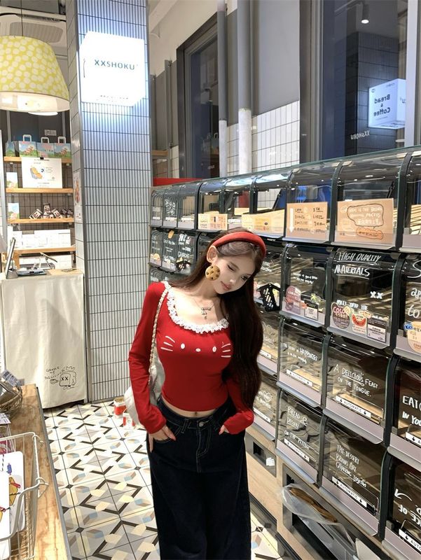 红色花边拼接u领长袖T恤女秋季可爱猫咪修身收腰甜辣紧身打底上衣|undefined