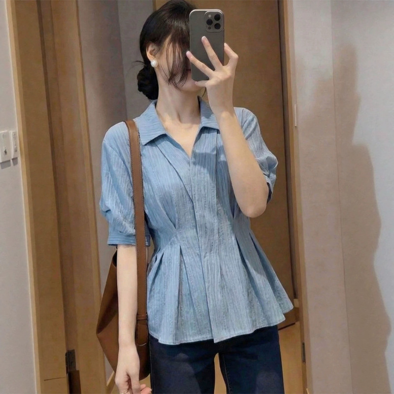 Light Blue Polo Collar Short-Sleeved Shirt for Women 2026 Summer Large Size Waist-Cinching Puffy Elegant Top A12096