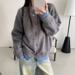 韩系风简约百搭假两件撞色针织毛衣女开衫秋冬新款减龄百搭针织衫