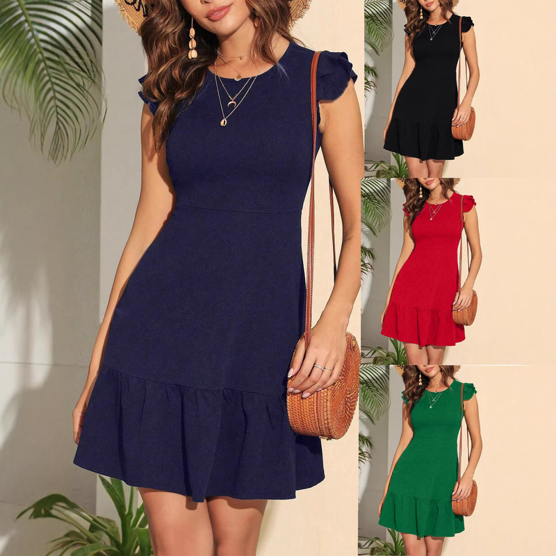 Summer Double-Layered Ruffle-Sleeve A-Line Dress, Perfect for Casual Getaways and Beach Vacations