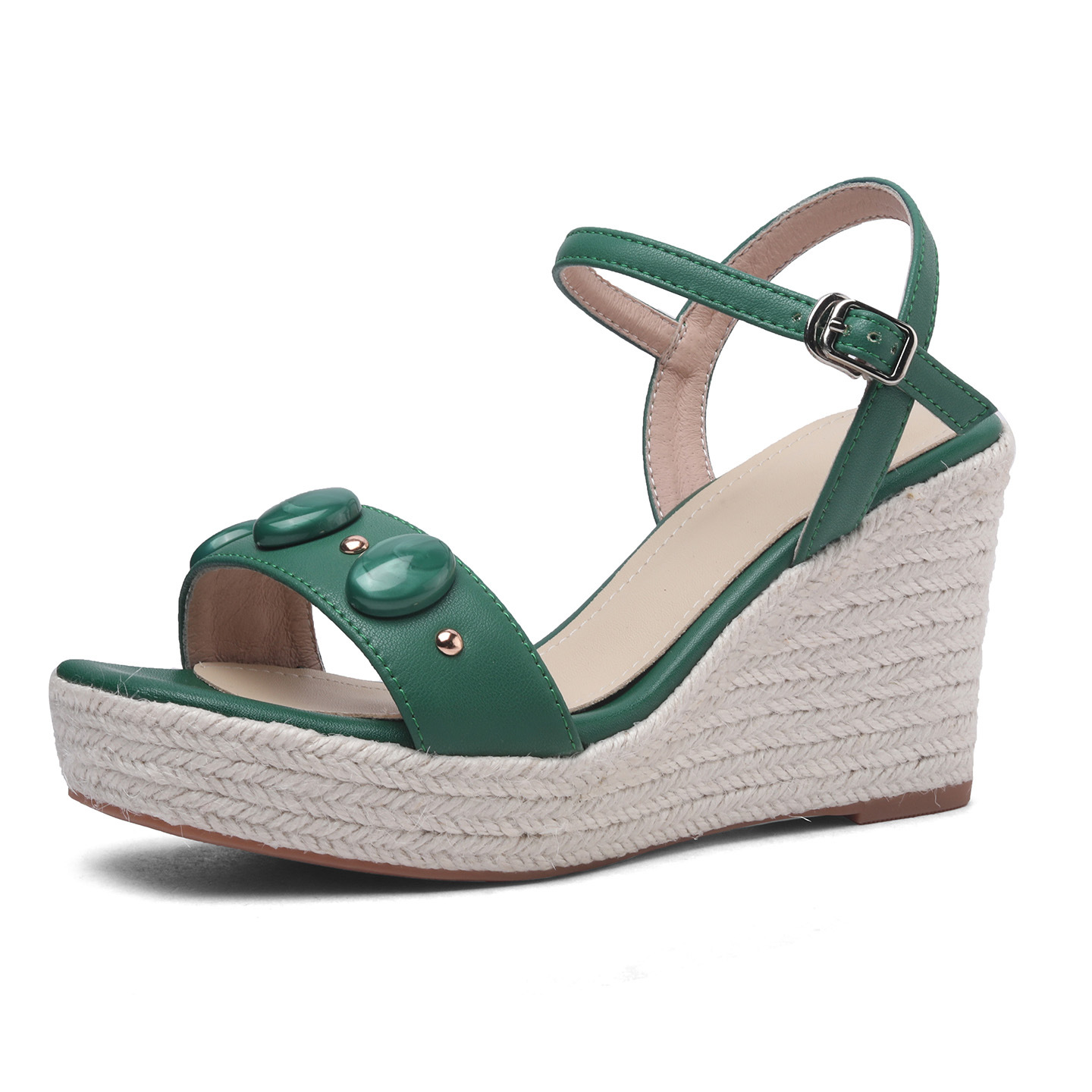 Sandal nữ đế xuồng cao gót phong cách Bohemian quai ngang đinh tán — màu nâu, xanh lá cây