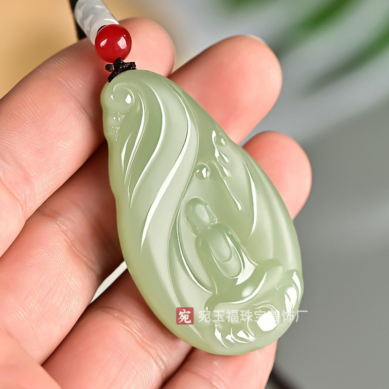 공장 도매 아프간 옥 녹색 흰색 계몽 펜던트 빛 맑은 물 단계 GUANYIN 펜던트 남성과 여성의 옥 목걸이