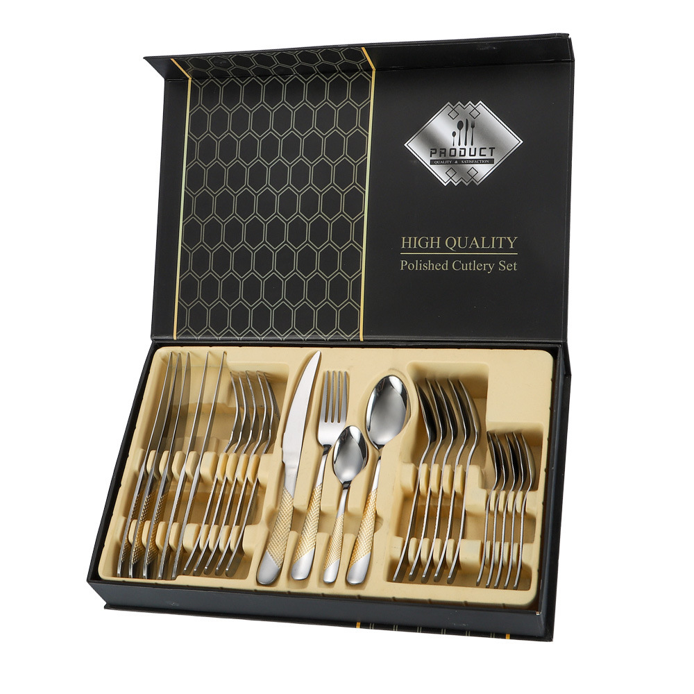 Amazon Acero inoxidable vajilla traje transfronterizo ruso occidental vajilla cuchillo, tenedor, cuchara, Diamante estrella traje de caja de regalo de 24 piezas