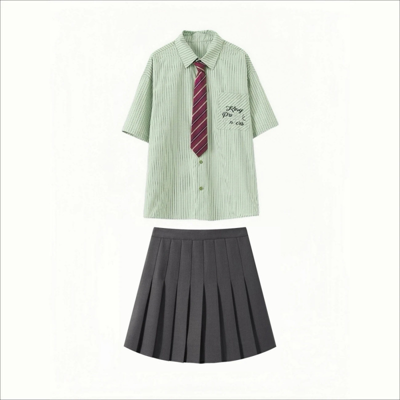 녹색 줄무늬 셔츠 + 회색 스커트 [신형 고급 투피스 슈트]